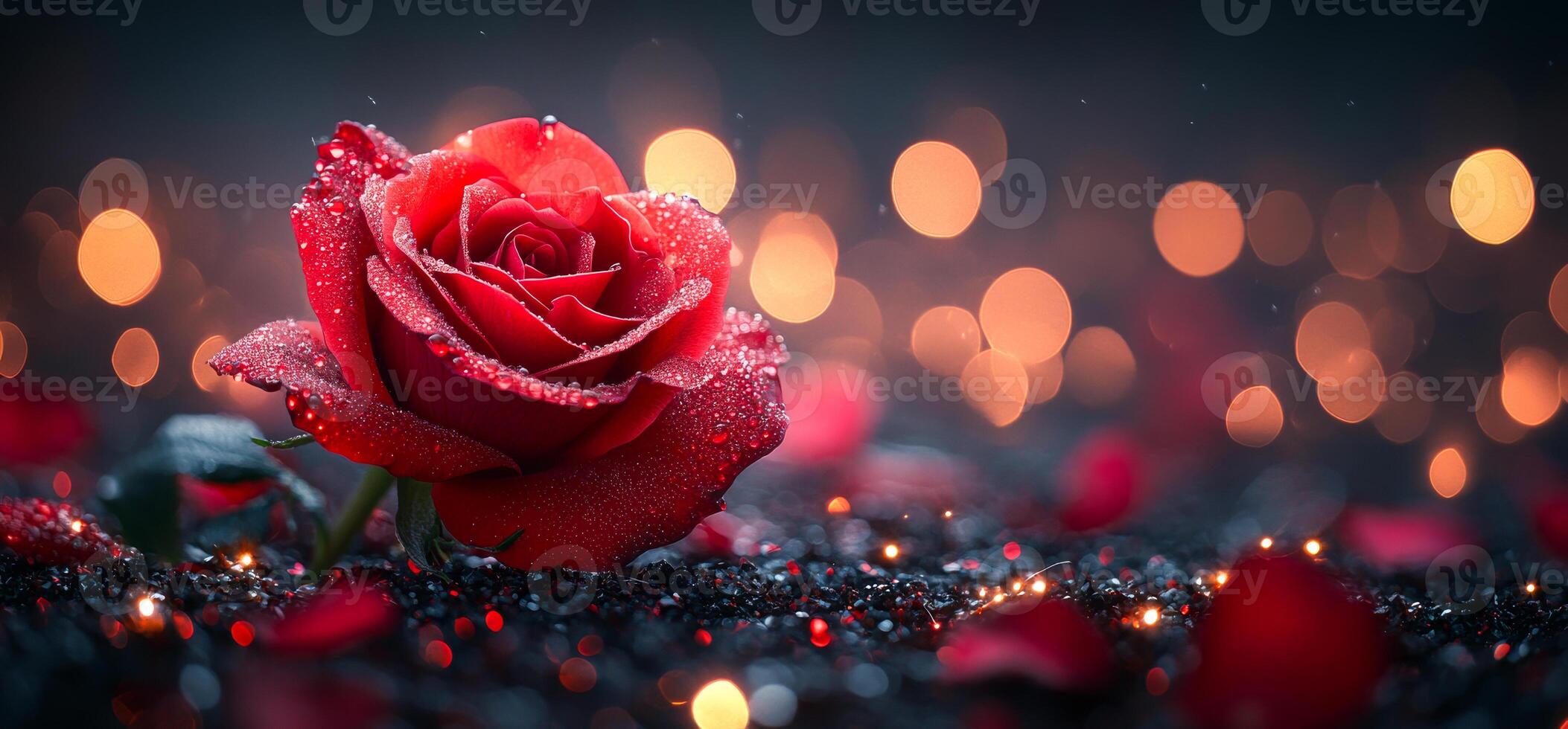 A red rose is the main focus of the image, with a black background and a few red petals scattered around it. Concept of romance and love, as the rose is often associated with these emotions photo