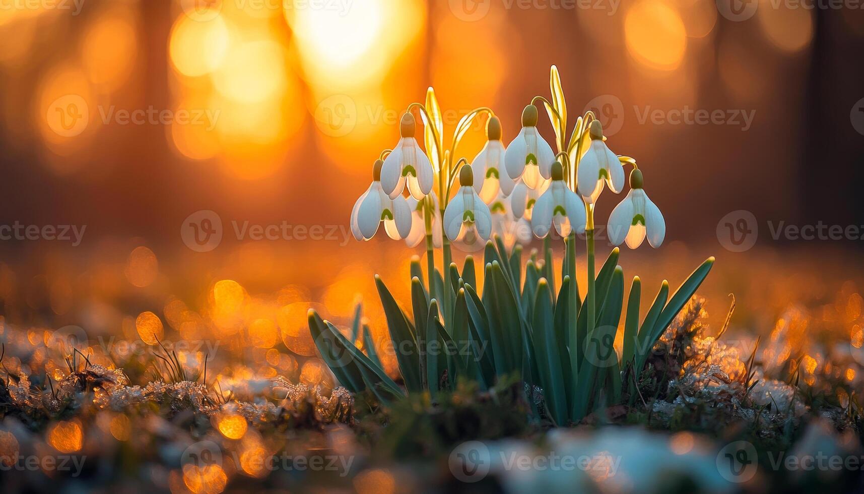 A small bunch of white flowers are in the foreground of a field. The sun is setting in the background, casting a warm glow over the scene. The flowers are surrounded by snow photo