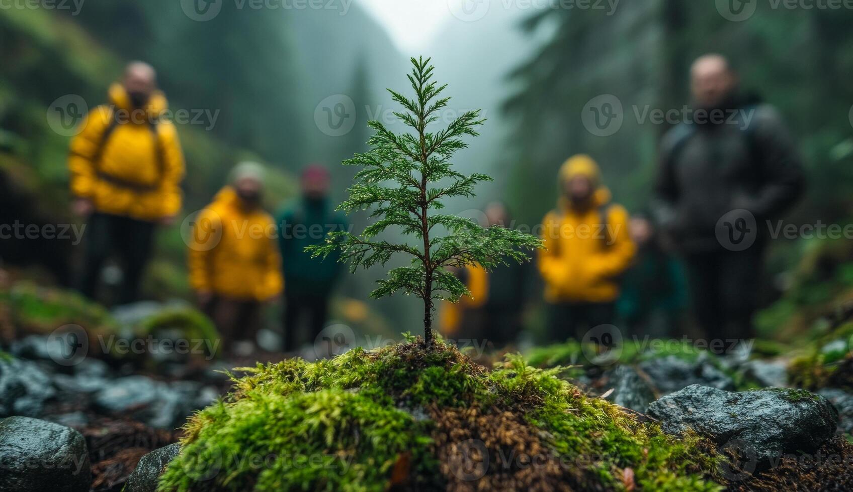 A small tree is growing on a mossy rock in a forest. The people in the background are wearing yellow jackets and backpacks photo