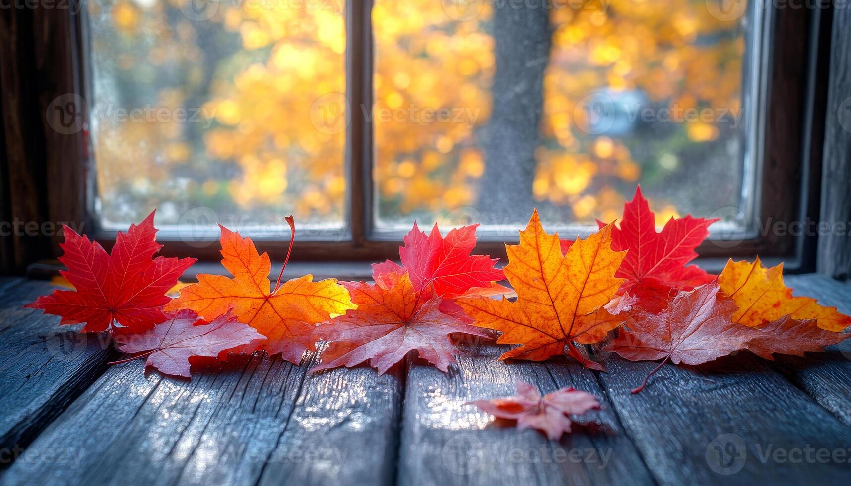 A window view of autumn leaves on a wooden table. The leaves are red and yellow, and they are scattered across the table. Scene is peaceful and serene, as the leaves are falling gently photo