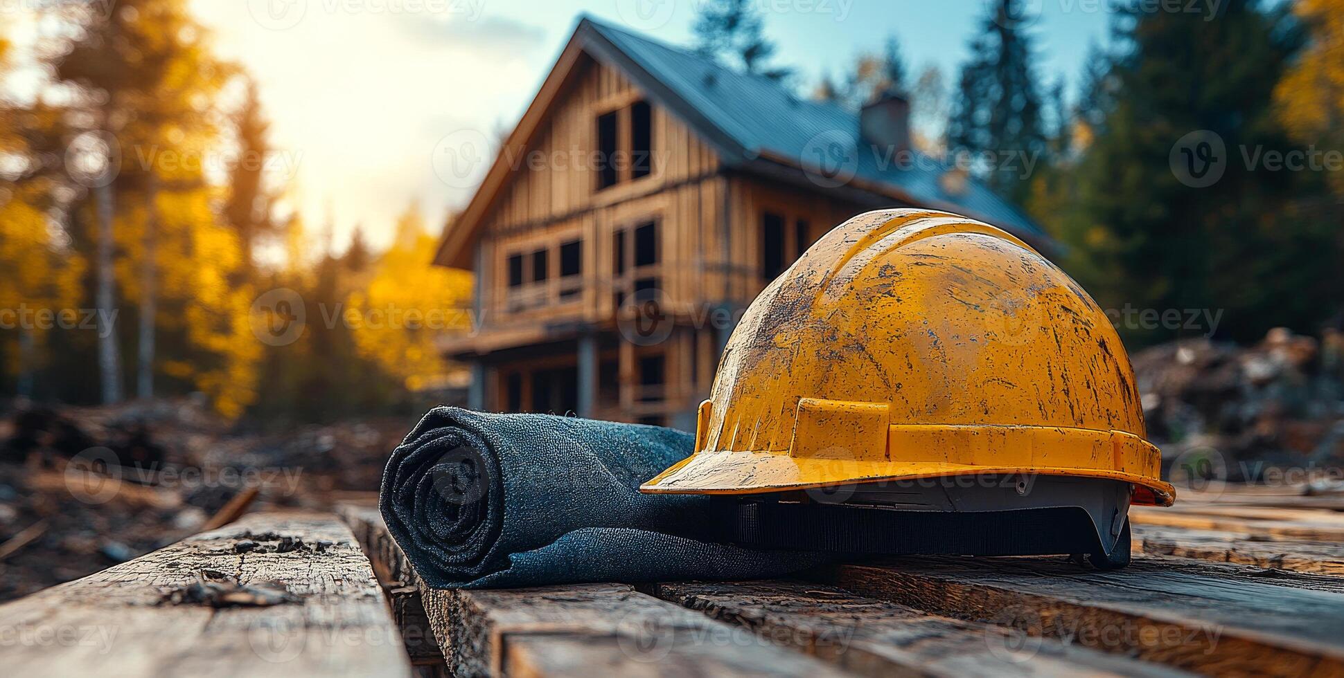 A yellow hard hat is placed on top of a piece of paper. Concept of construction or work, as the hard hat is often worn in such environments photo