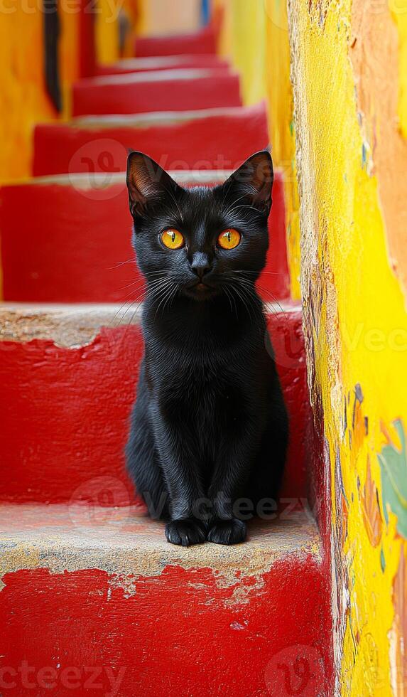 A black cat is sitting on a red step. The cat is looking at the camera with yellow eyes photo