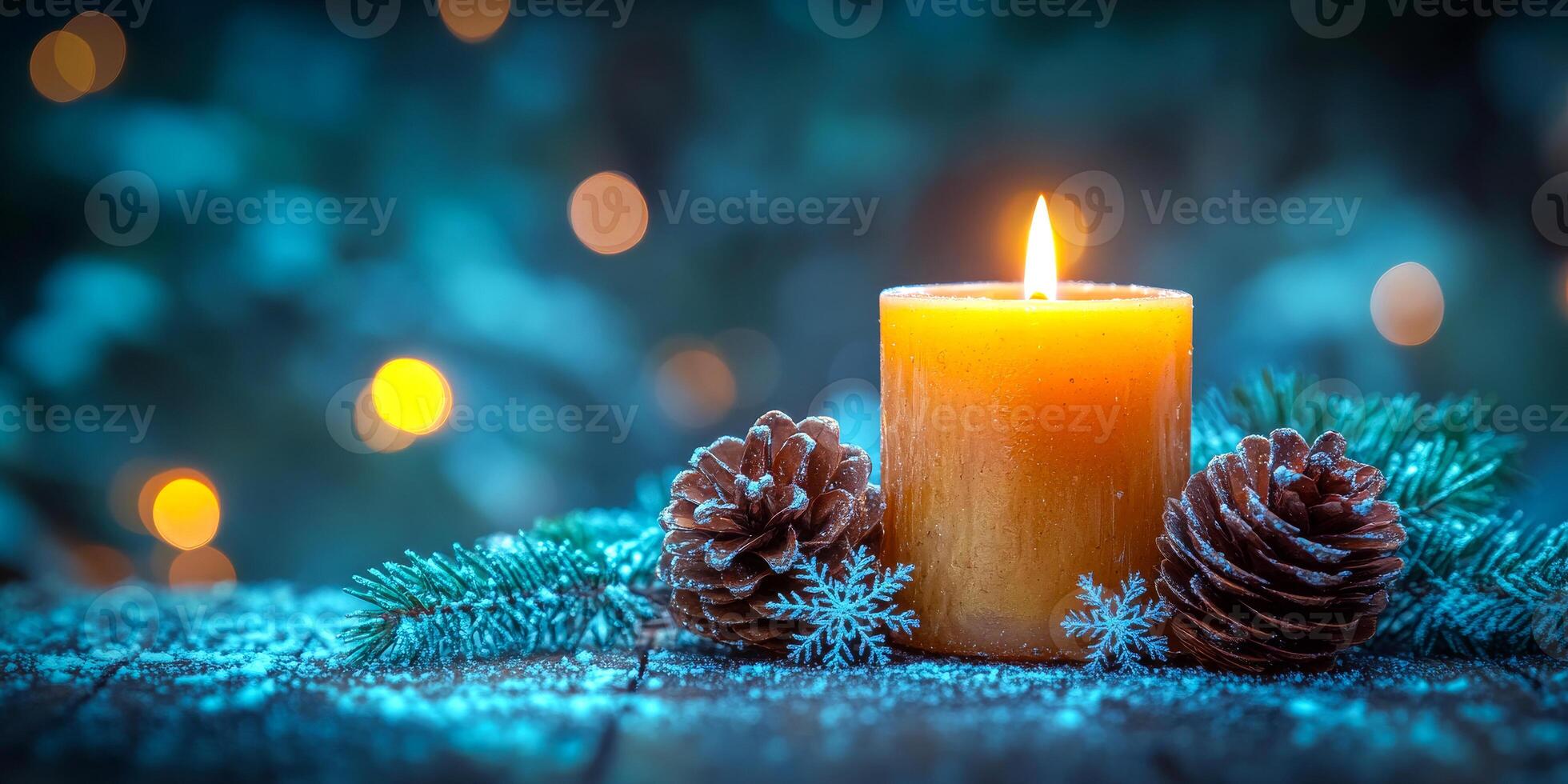 A candle is lit on a table with pine cones and snowflakes. The scene is warm and cozy, with the candle providing a soft glow that illuminates the pine cones and snowflakes photo