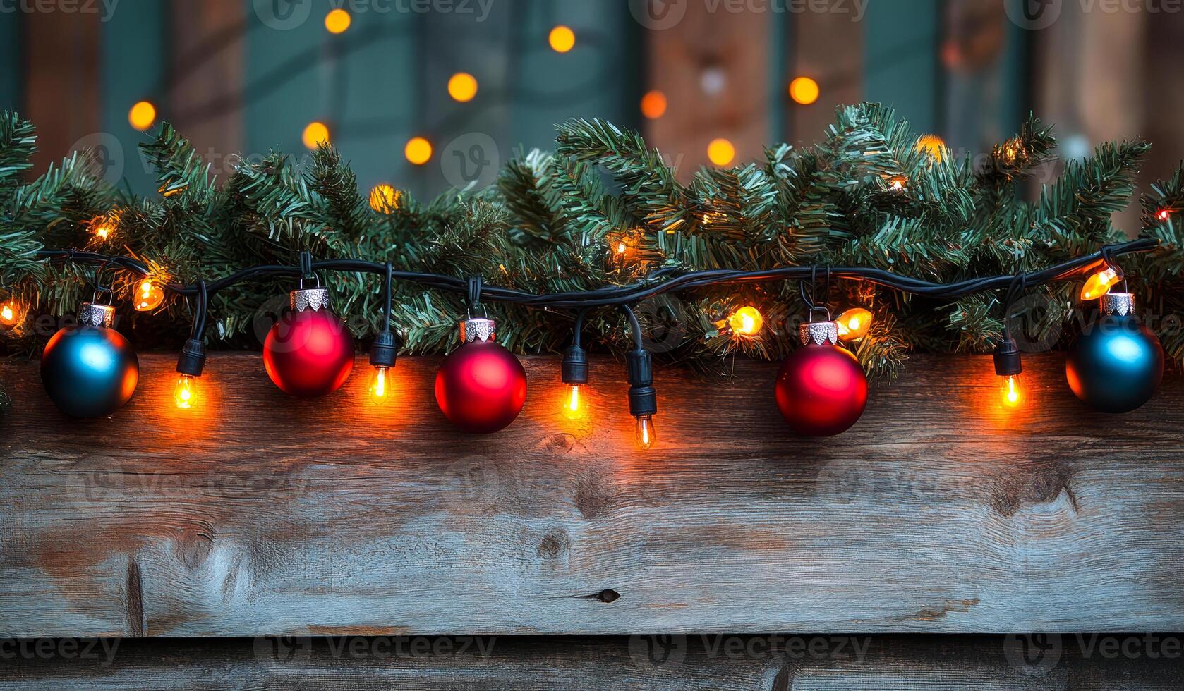 A Christmas tree with lights and ornaments hanging from it. The lights are orange and blue photo
