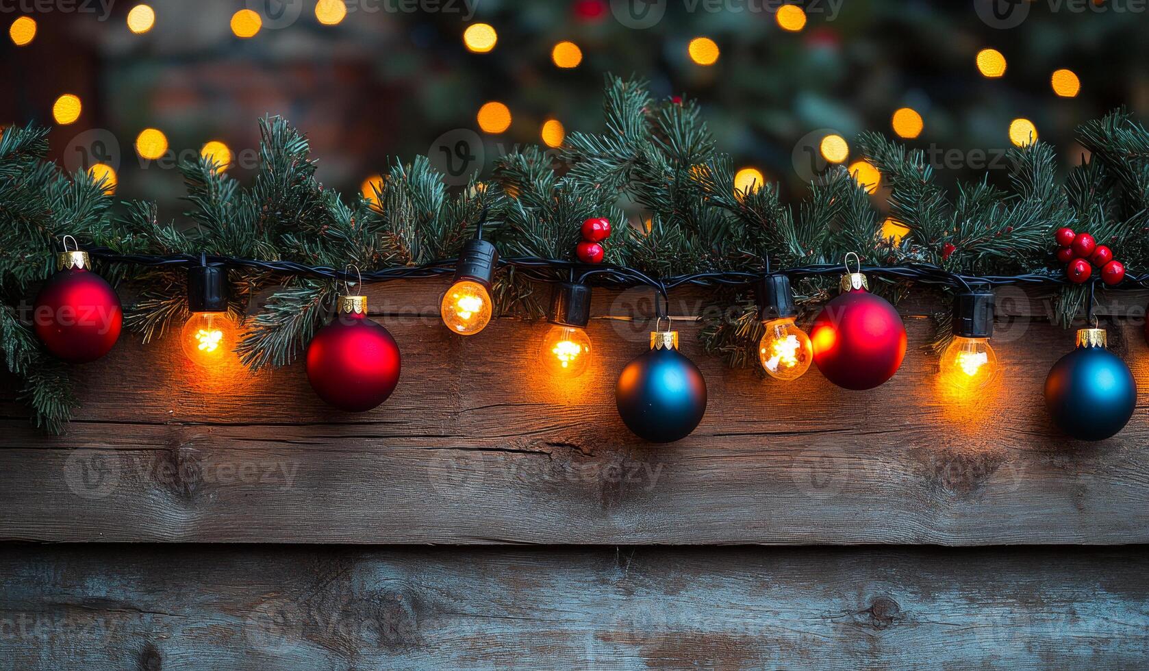 A Christmas tree with lights and ornaments hanging from a wooden fence. The lights are yellow and red, and the ornaments are blue and red. Scene is festive and joyful photo