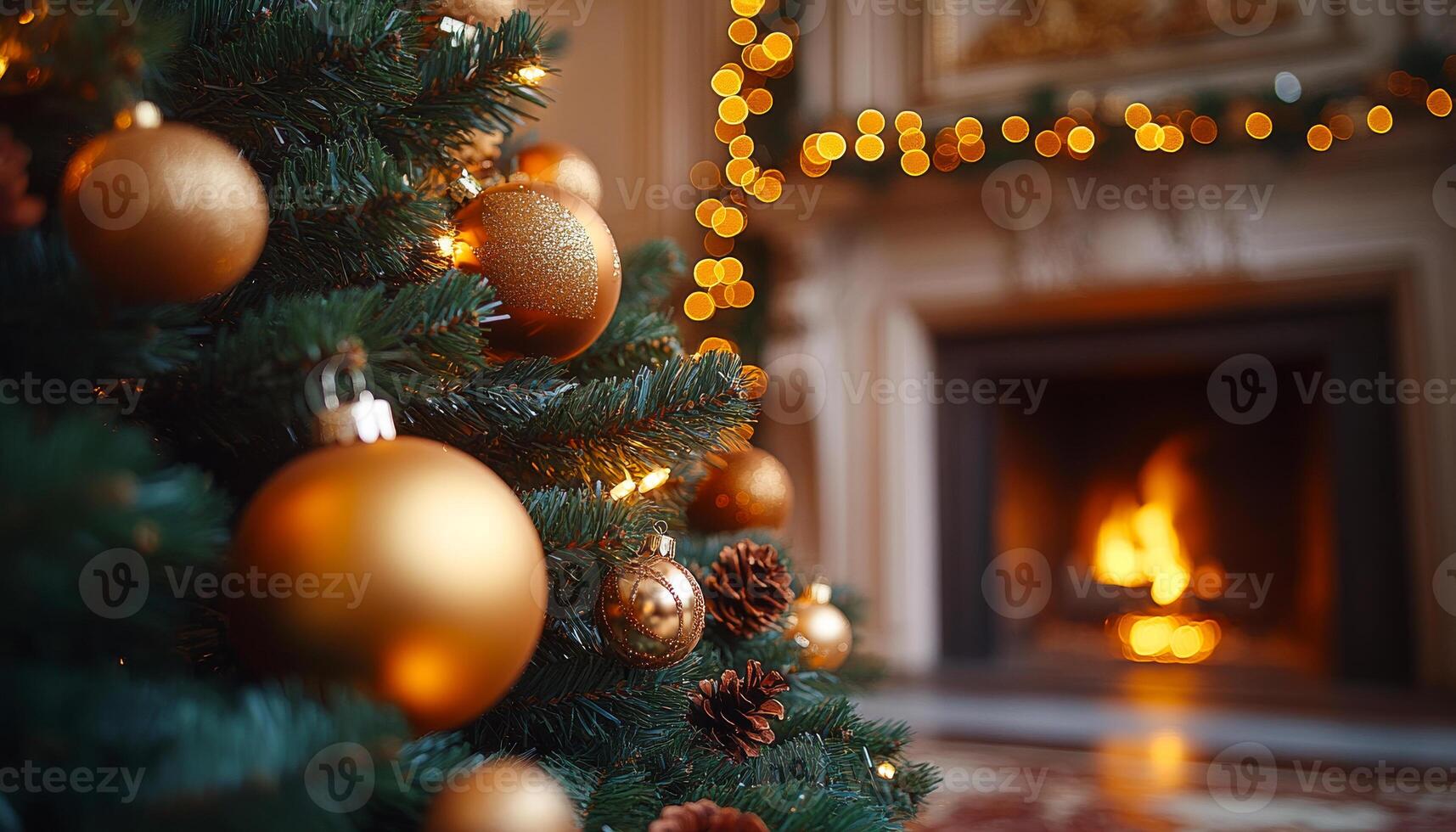 A Christmas tree with gold ornaments and pine cones is lit up by a fireplace. The warm glow of the fire and the festive decorations create a cozy and inviting atmosphere photo