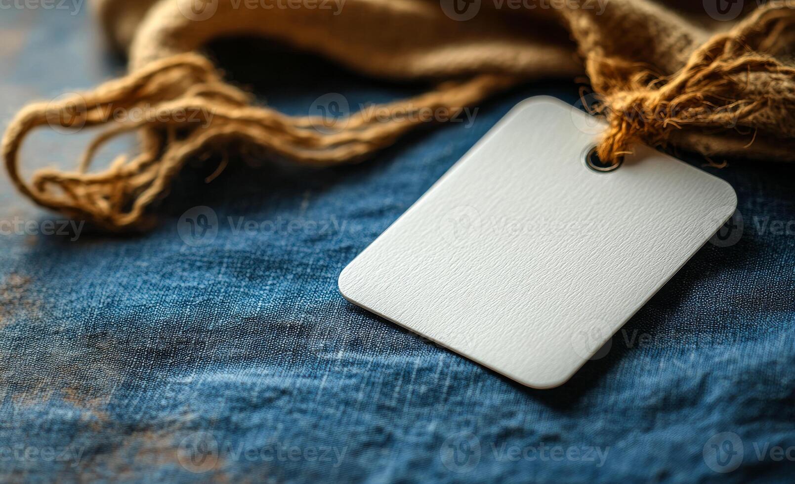 A white tag is sitting on a blue cloth. The tag is empty and has a brown string attached to it photo