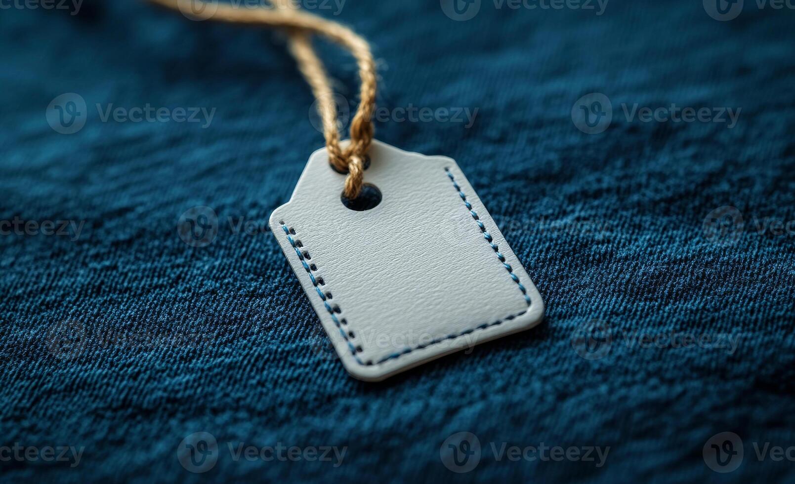 A tag is hanging from a string on a blue surface. The tag is white and has a hole in the center photo