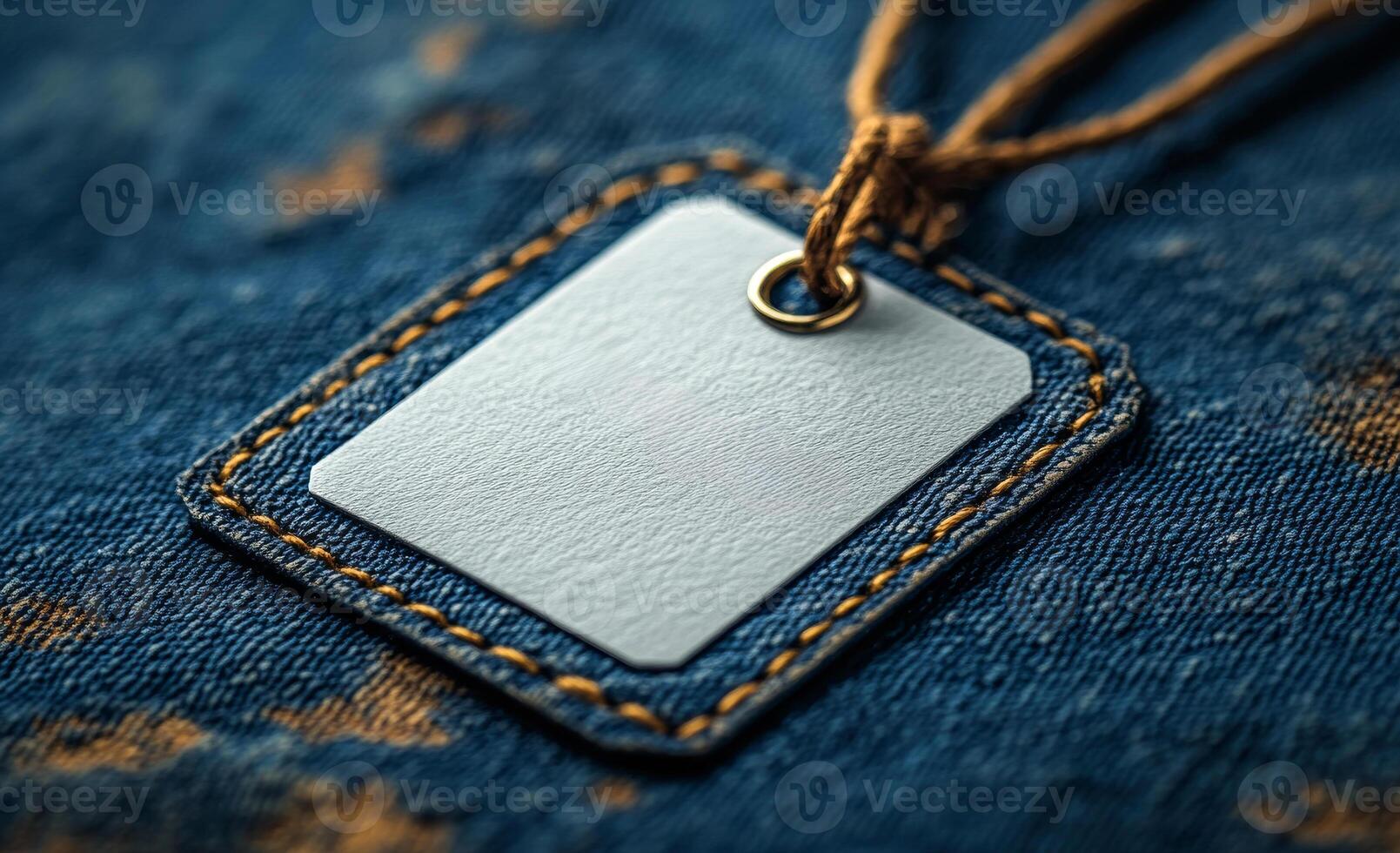 Close up of a white empty label tag on a blue t-shirt, shown in a close up view. photo