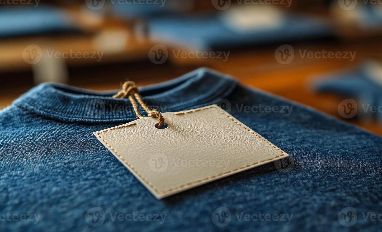 A blue shirt with a white tag hanging from the neck photo