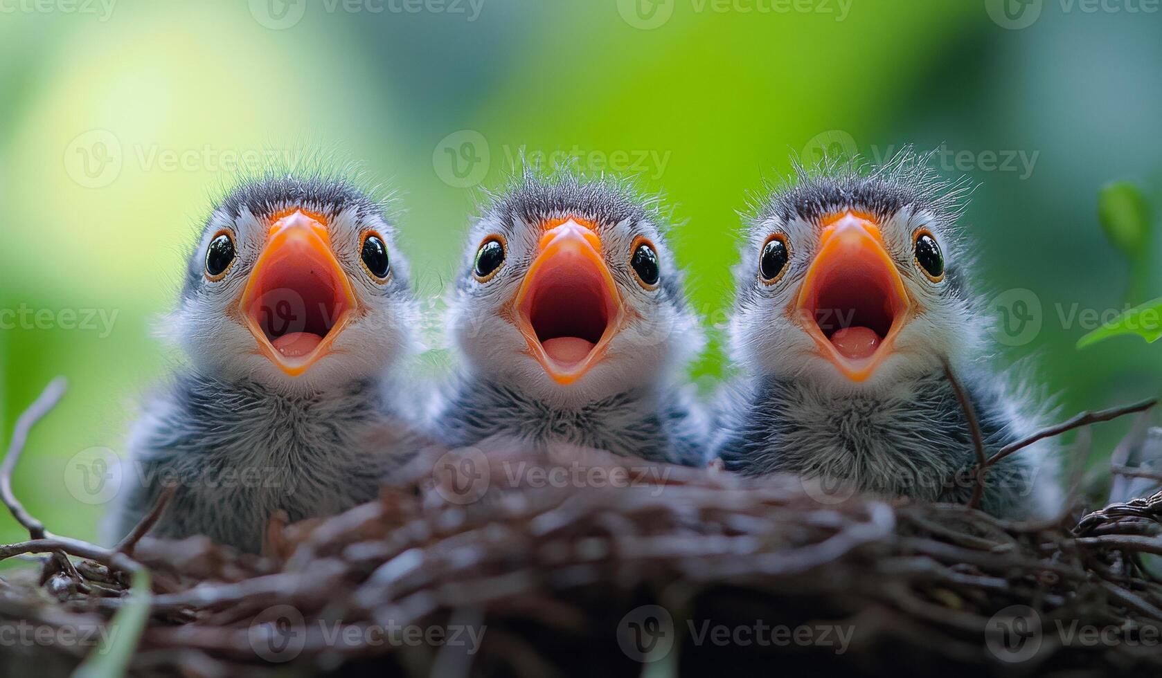 Three baby birds are sitting in a nest and making loud noises. Scene is playful and joyful, as the birds seem to be having fun and enjoying each other's company photo