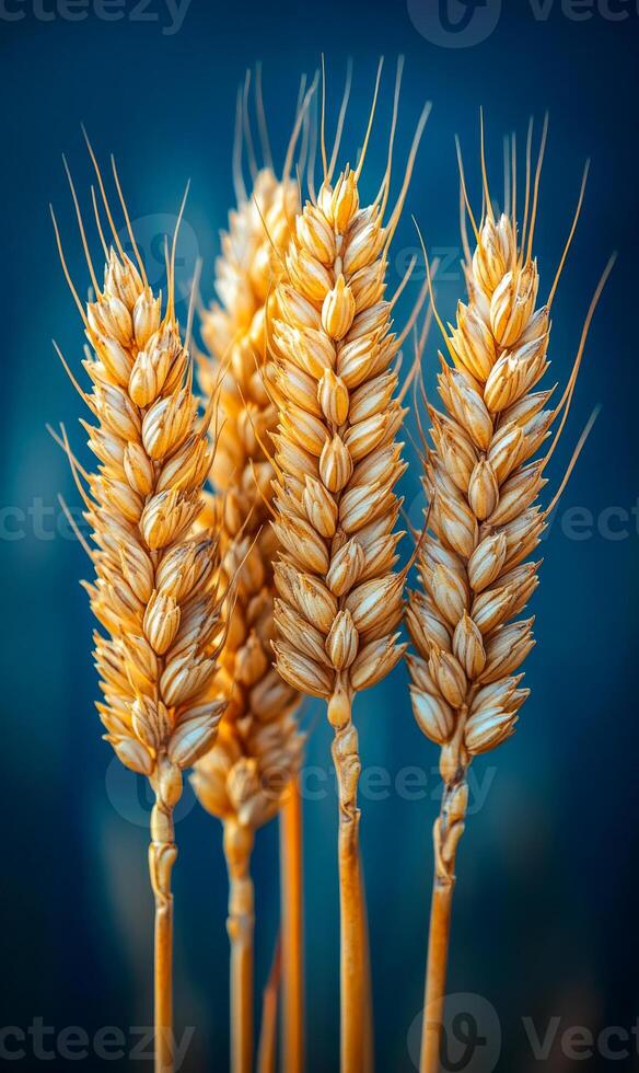 A close up of four golden wheat stalks with a blue background. The stalks are tall and slender, with a slight bend at the top photo