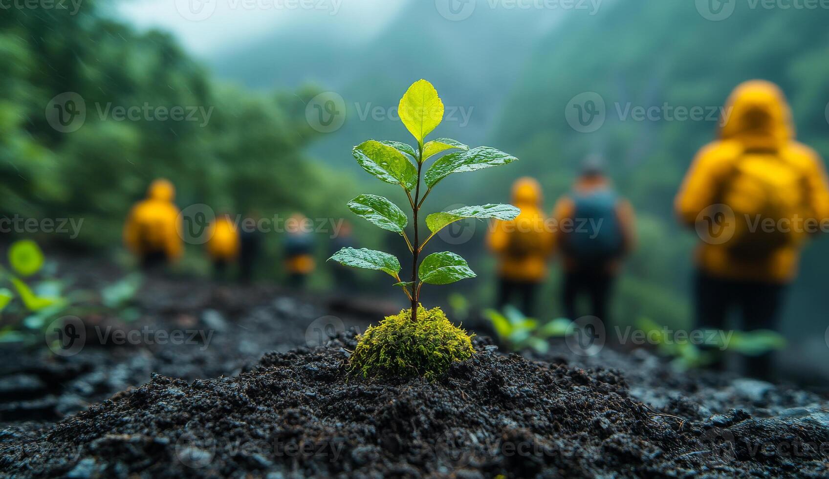 A group of people are walking through a forest with a small plant in the foreground. Scene is peaceful and serene, as the group of people are surrounded by nature and the plant is a symbol of growth photo