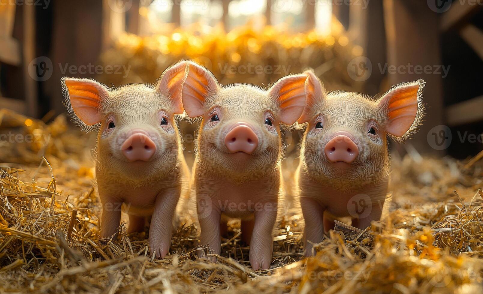 Three baby pigs are standing in a hay-covered pen. They are all looking at the camera photo
