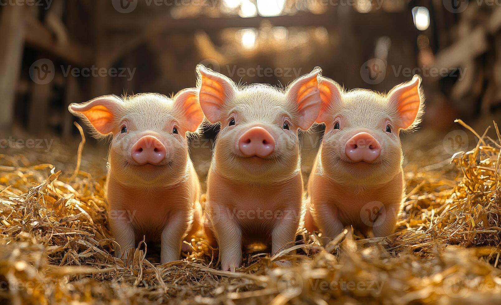 Three baby pigs are standing in a field of straw. They are all looking at the camera and seem to be curious photo