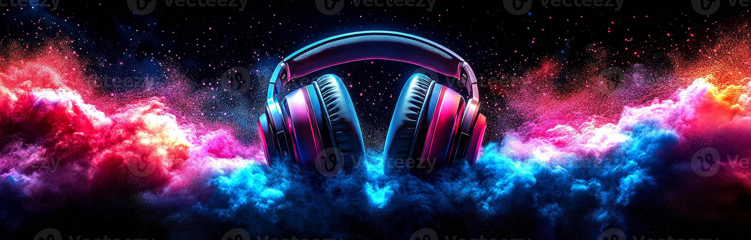A pair of headphones is shown in a colorful background. The headphones are surrounded by a cloud of colorful smoke, giving the impression of a futuristic, psychedelic atmosphere photo