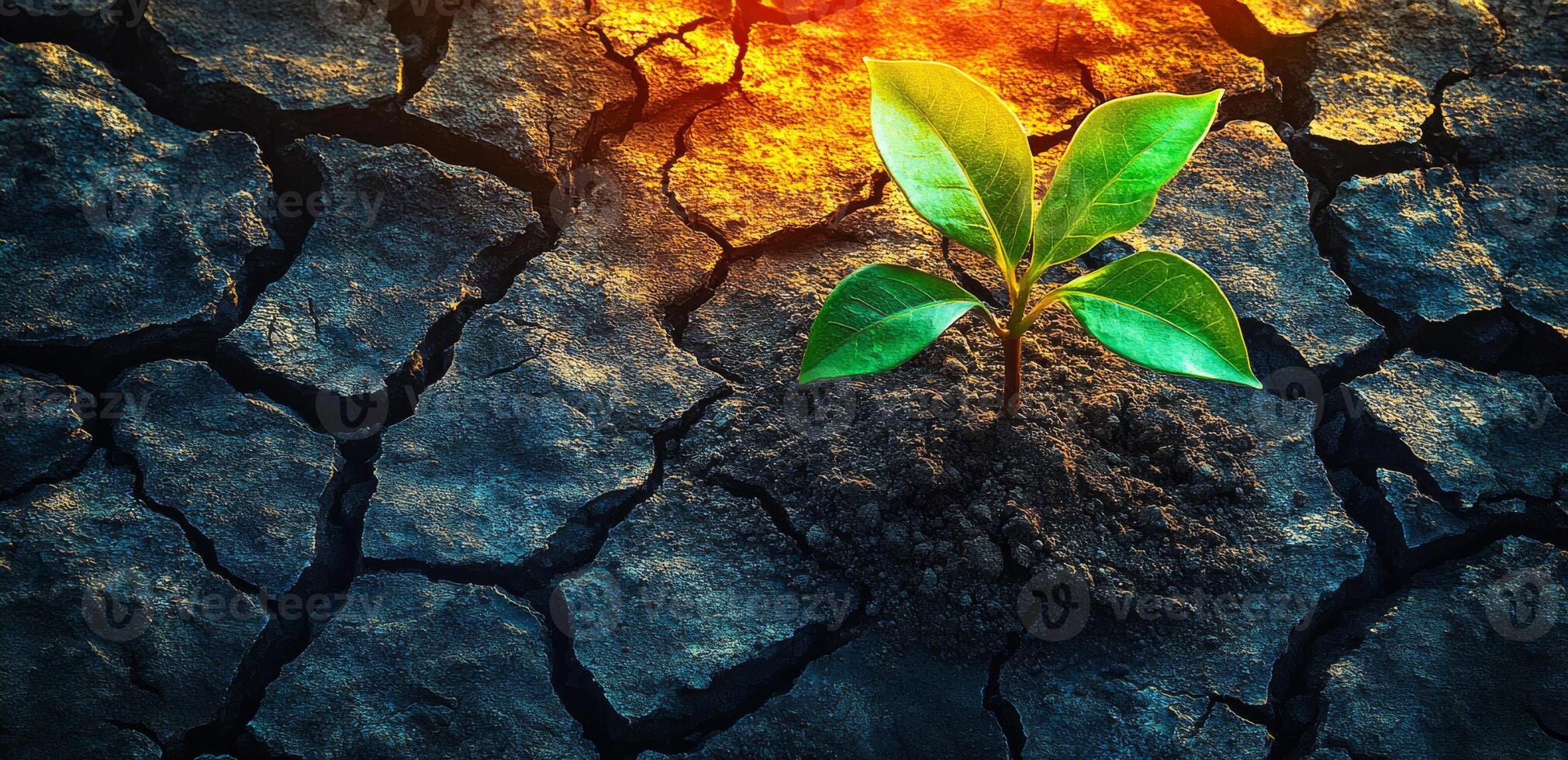 A small green plant is growing in the middle of a rocky, barren landscape. Concept of hope and resilience, as the plant is able to thrive in such a harsh environment photo