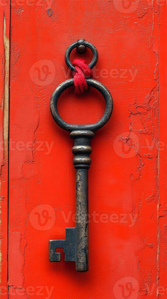 A key is hanging from a red door. The key is old and rusty. The red door is worn and has a lot of scratches photo