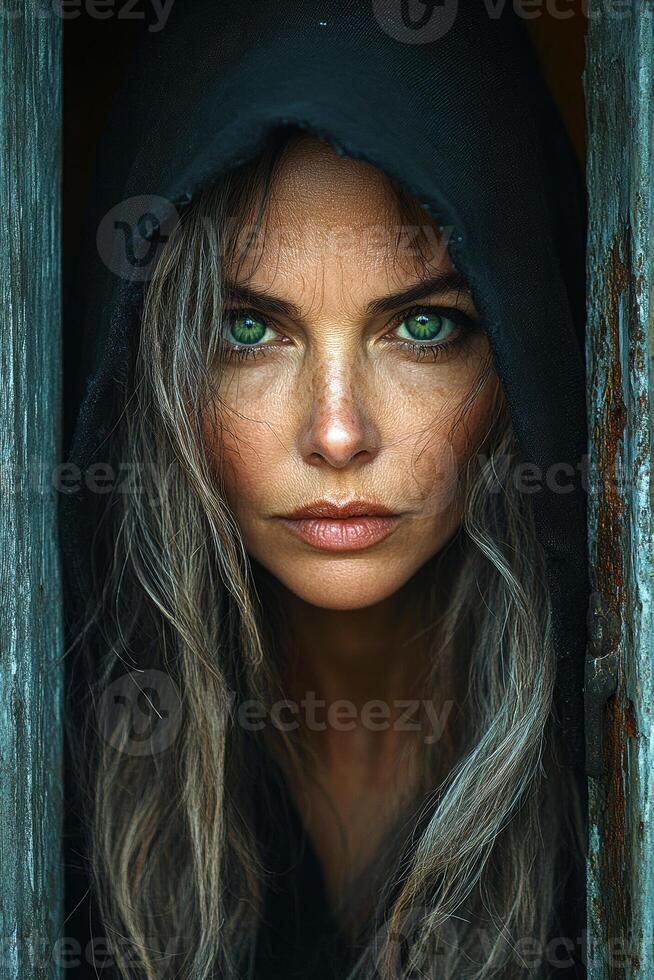 A woman with long hair and green eyes is looking out of a window. The image has a moody and mysterious feel to it, as the woman's gaze is directed outwards, seemingly lost in thought photo