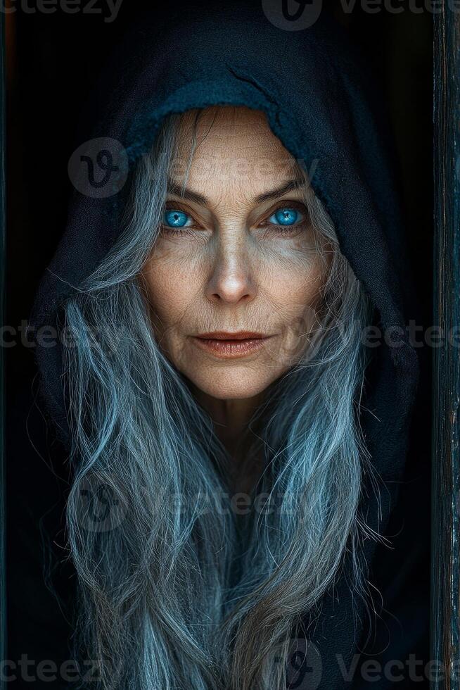 A woman with long hair and blue eyes is wearing a hooded cloak. The image has a mysterious and eerie mood, as the woman's face is partially obscured by the hood photo