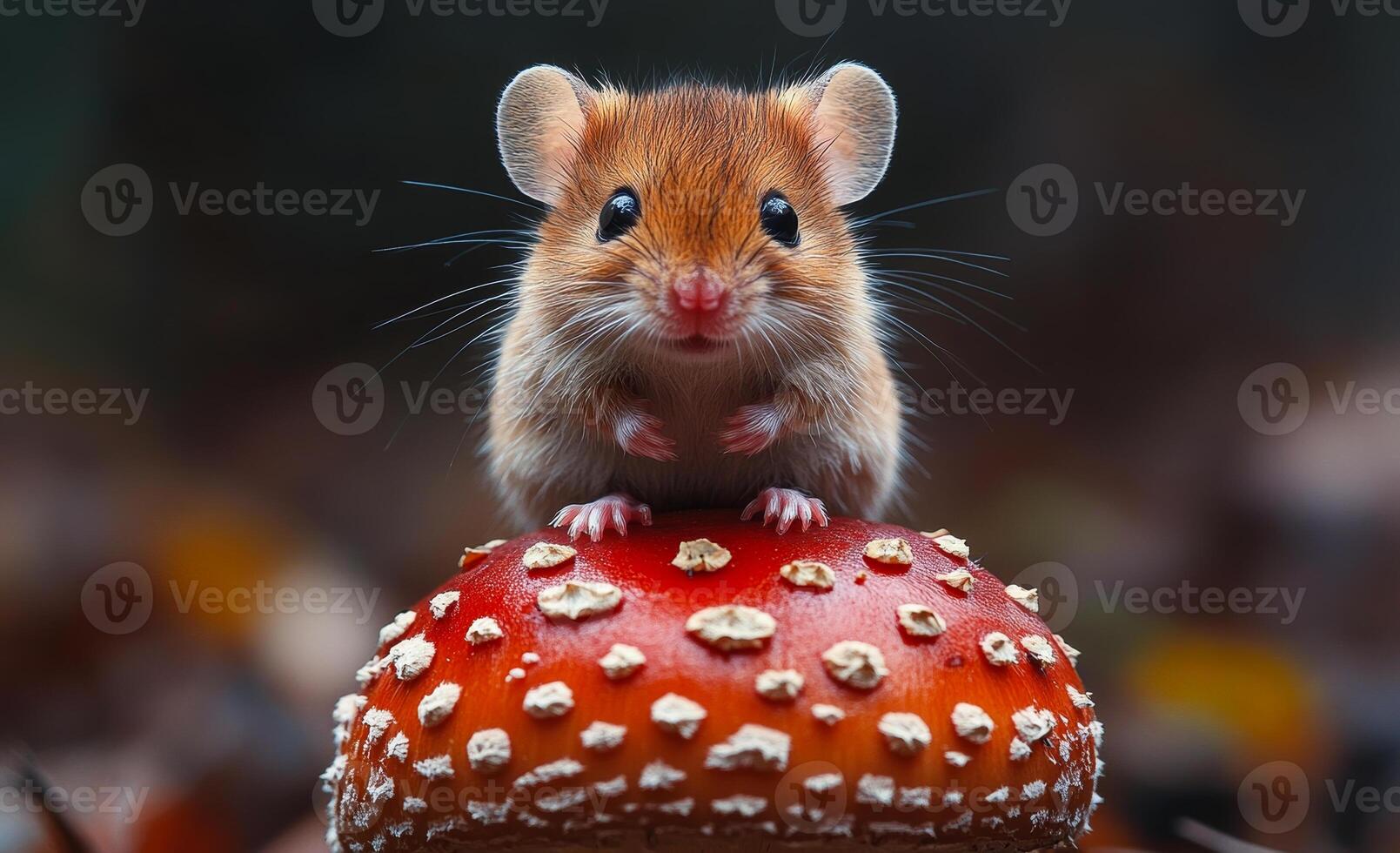 A small brown mouse is sitting on top of a red mushroom. The mushroom is covered in small, white dots photo
