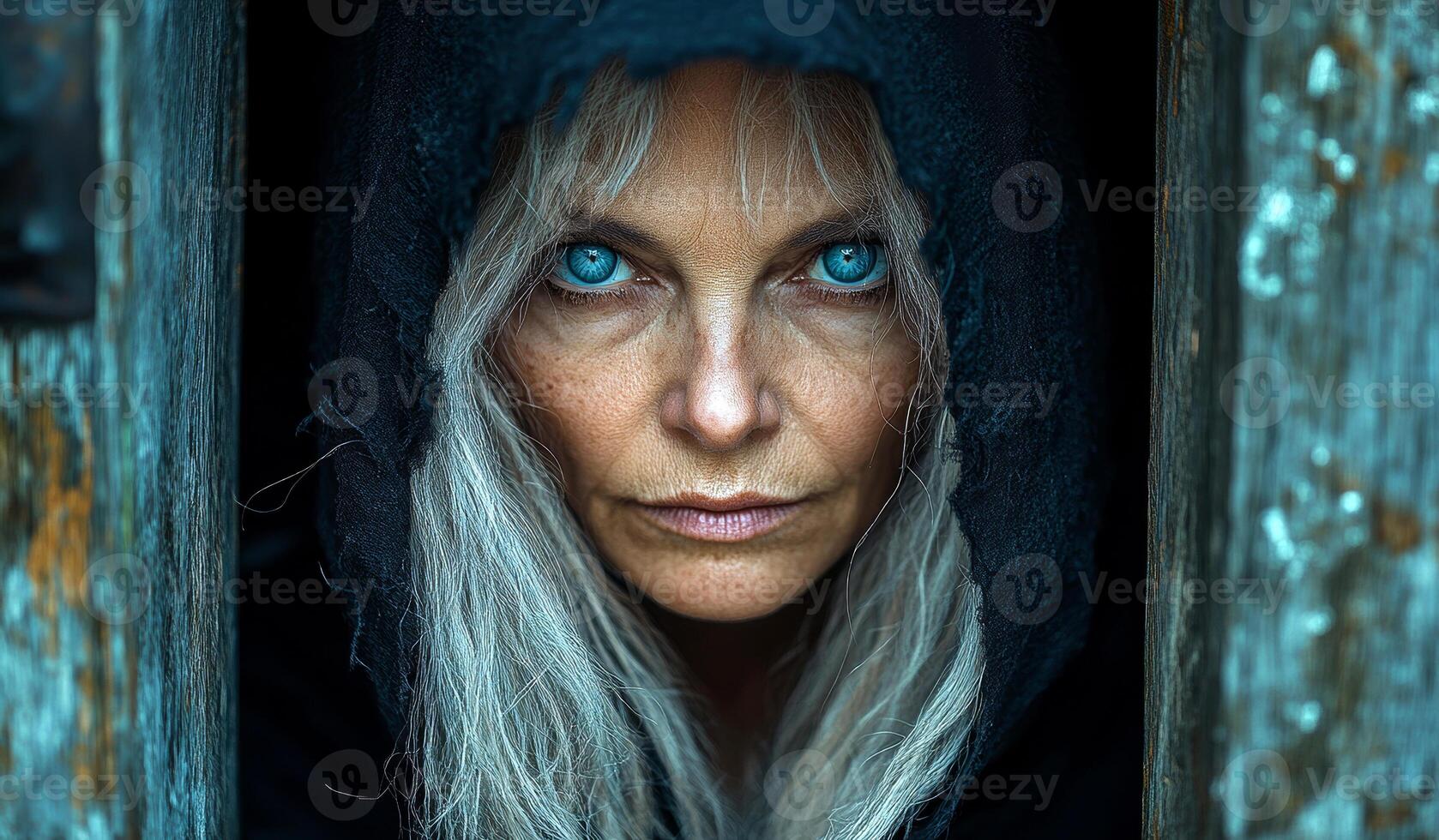 A portrait of an old woman with long hair and blue eyes wearing a black hood, standing in the doorway to her house, looking at the camera photo