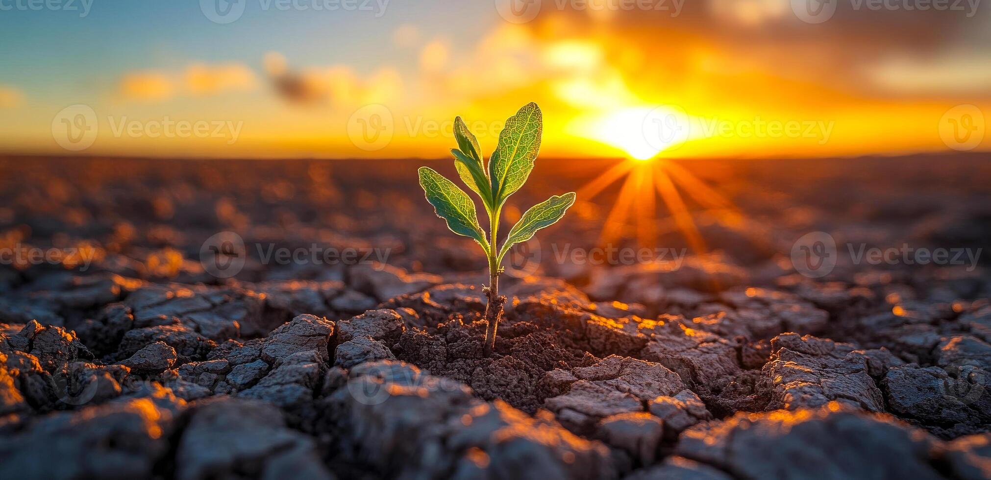 A small plant is growing in the desert. The sun is setting in the background, casting a warm glow on the plant. The scene is serene and peaceful, with the plant standing out against the harsh photo