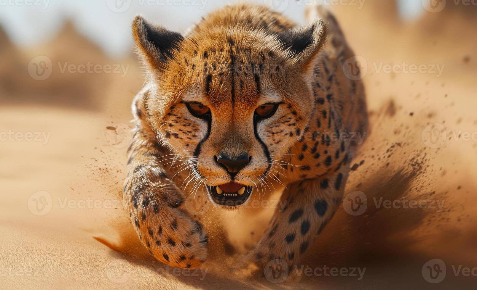 A cheetah is running through the desert, kicking up sand as it goes. Concept of freedom and wildness, as the cheetah is in its natural habitat and running at full speed photo