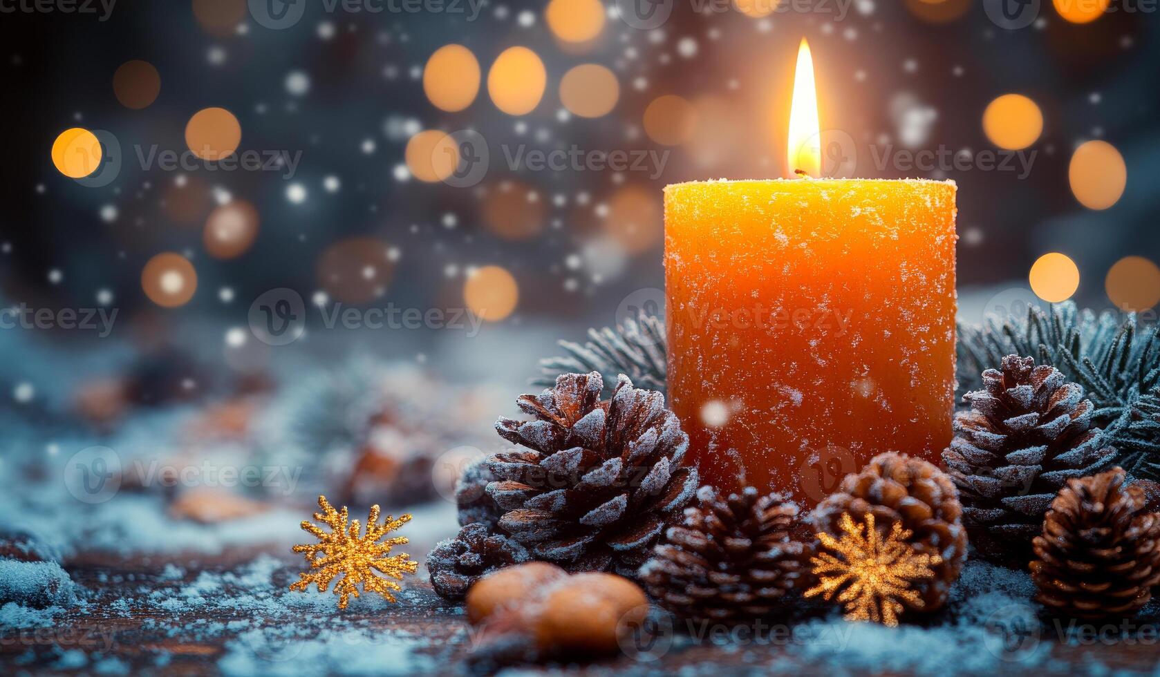 A lit candle sits on a table with pine cones and snowflakes. The scene is warm and cozy, evoking a sense of comfort and relaxation photo