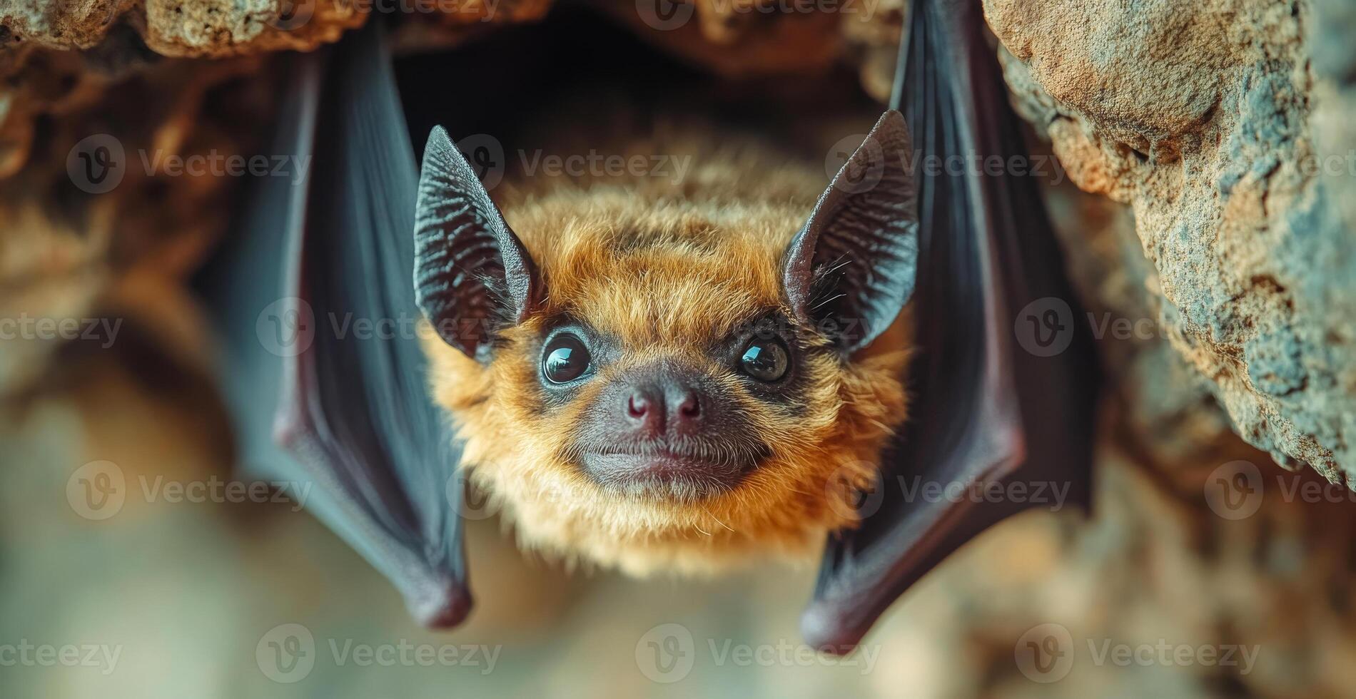 A bat is hanging upside down from a rock. The bat has a brown and black color photo