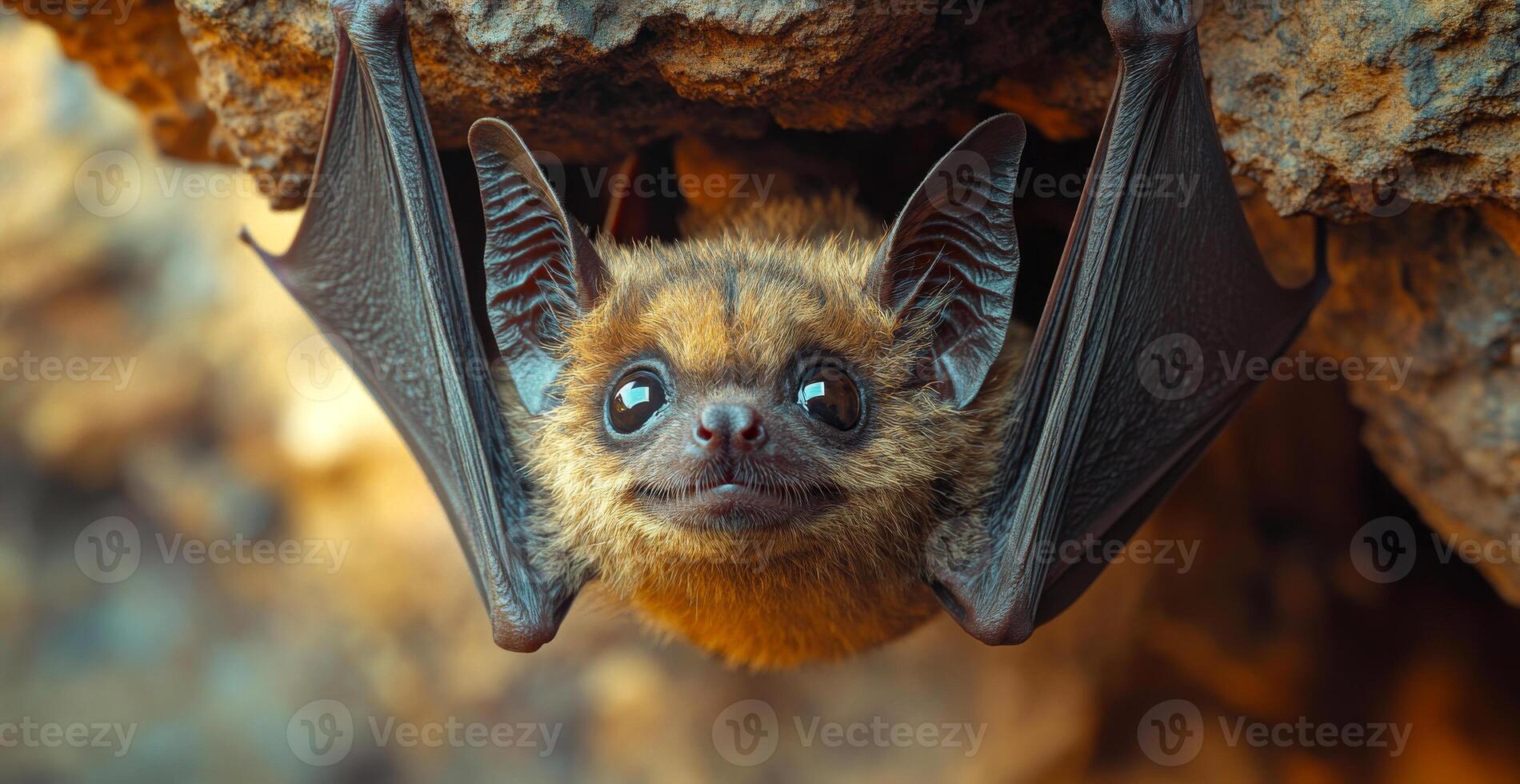 A bat is hanging upside down from a rock. The bat has its eyes open and is looking at the camera photo