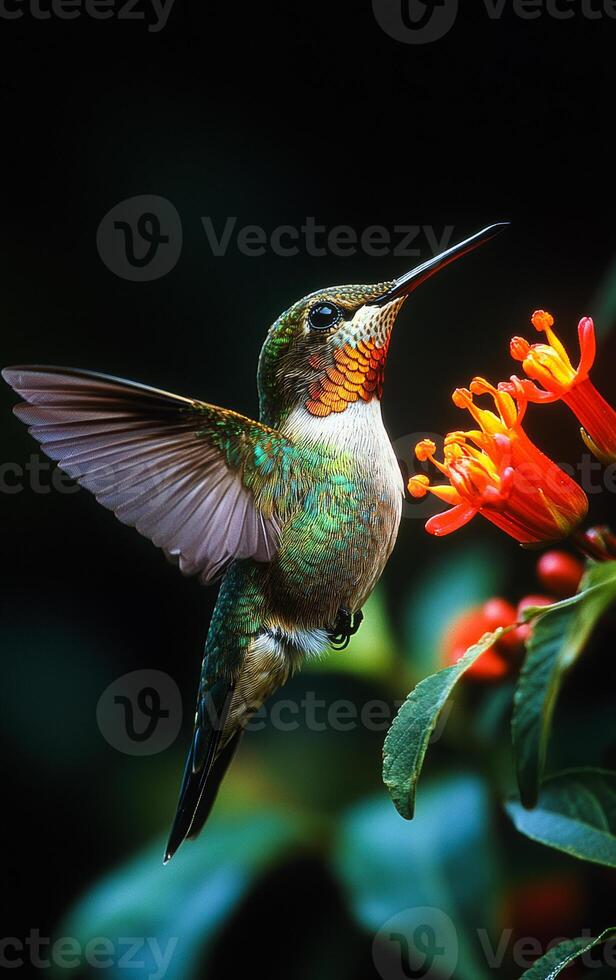 A hummingbird is perched on a flower, with its wings spread out. Concept of freedom and beauty, as the bird is in its natural habitat, enjoying the nectar from the flower photo