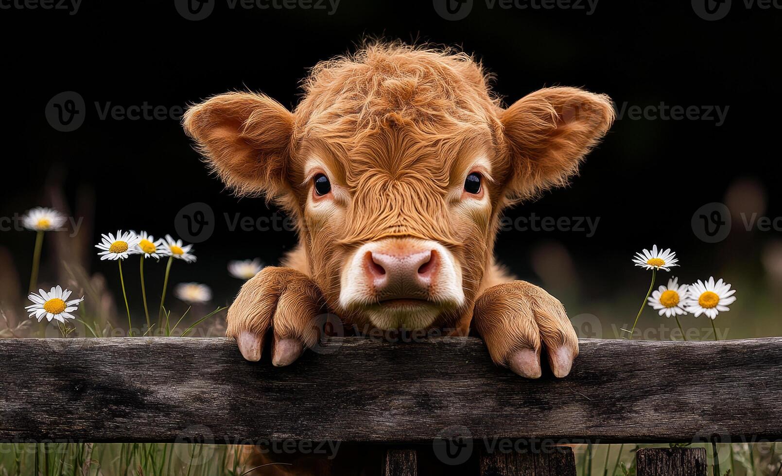 A baby cow is looking at the camera with its head on a wooden fence. The fence is surrounded by a field of daisies photo