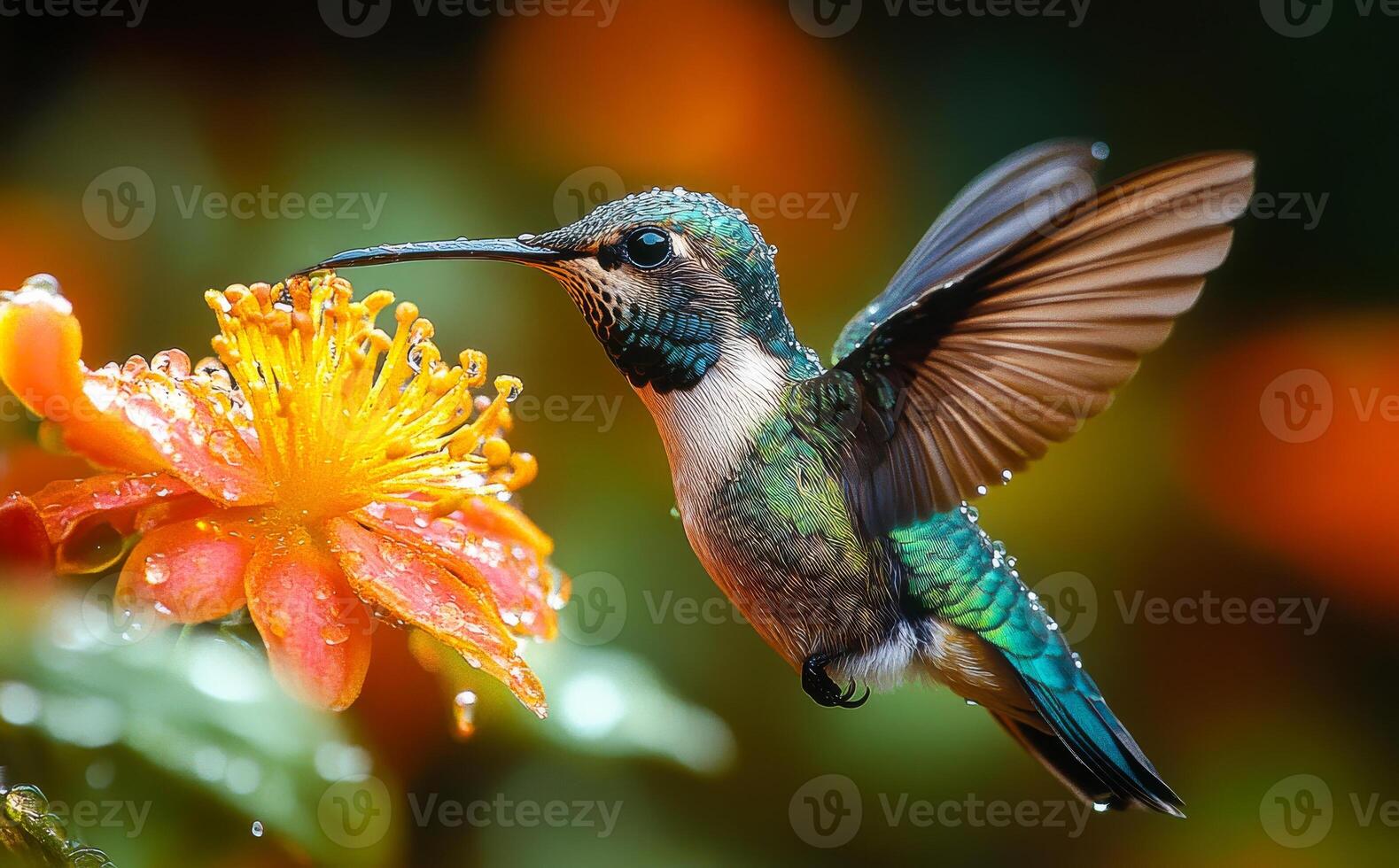 A hummingbird is perched on a flower, drinking nectar. Concept of tranquility and beauty, as the bird is in its natural habitat, enjoying the simple pleasure of feeding on a flower photo