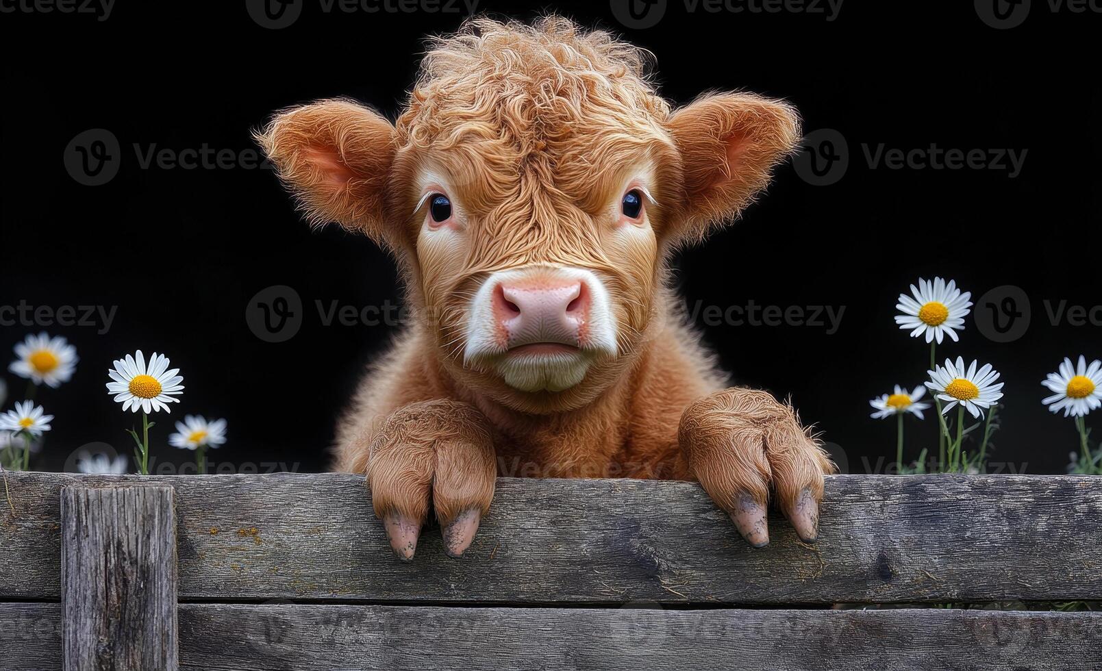 A baby cow is standing in front of a wooden fence with flowers in the background. The cow is looking at the camera with a curious expression photo