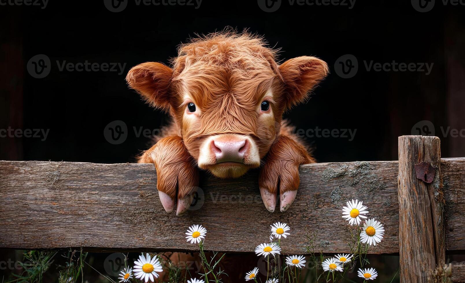 A baby cow is standing in front of a wooden fence with a bunch of daisies in the background photo