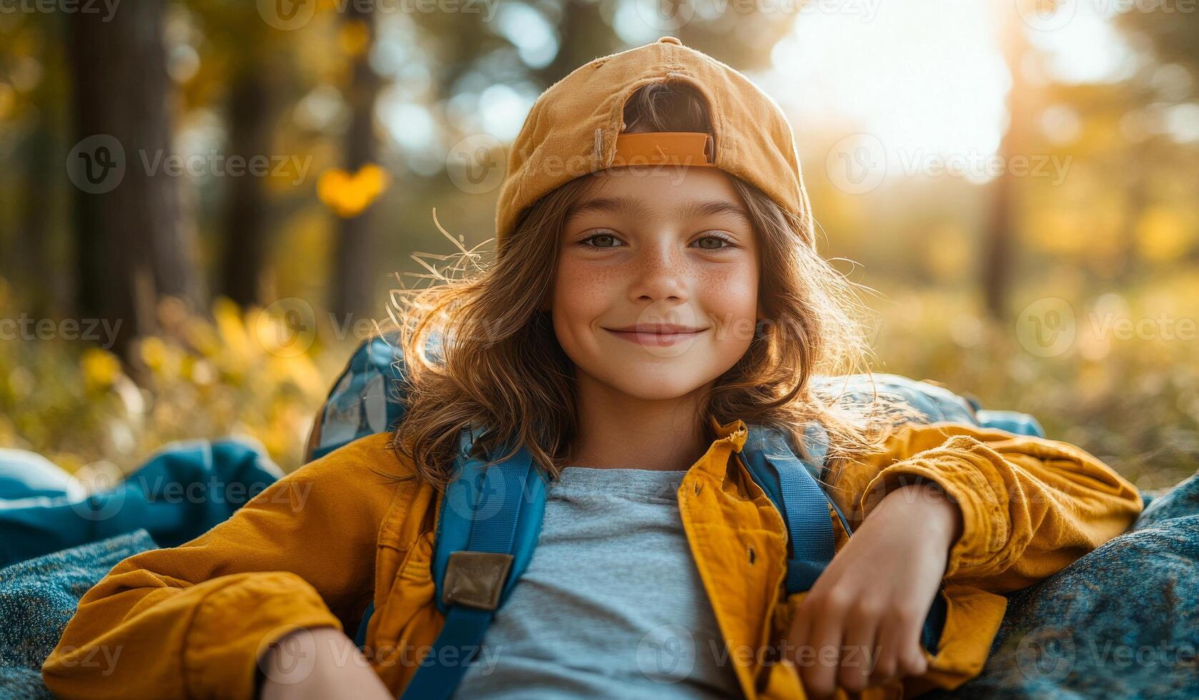 A young girl is sitting in the grass with a yellow hat on and a backpack next to her. She is smiling and looking at the camera photo