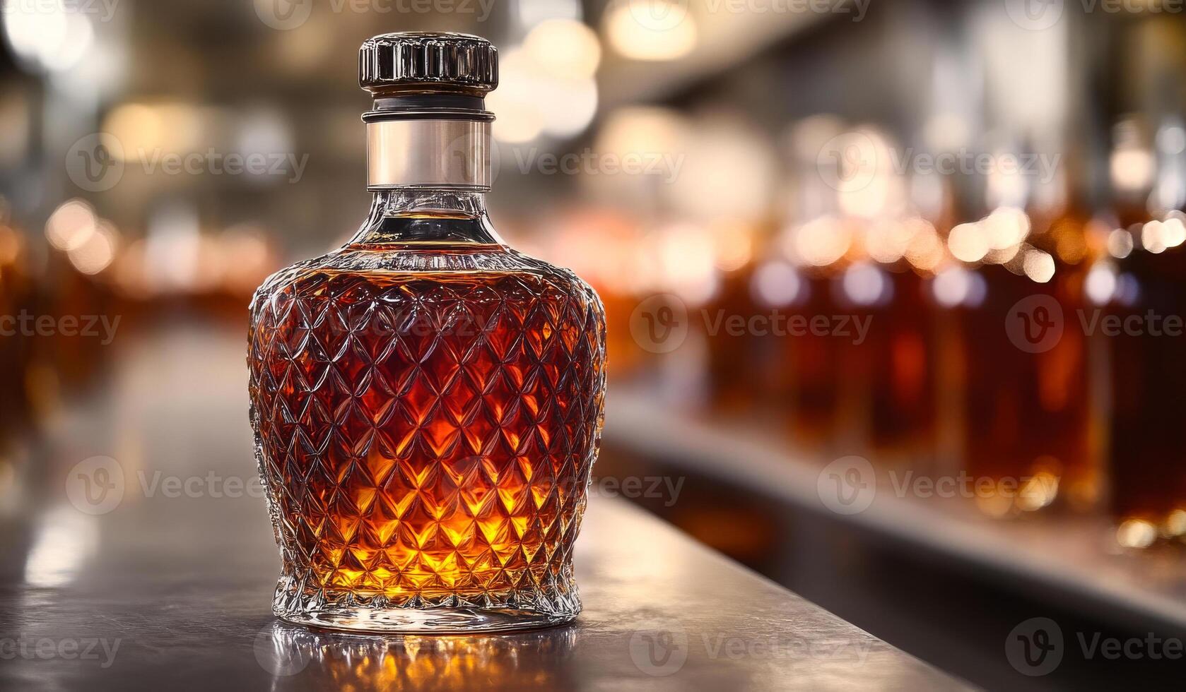 A bottle of liquor with a gold top sits on a counter. The bottle is surrounded by other bottles of liquor, creating a sense of abundance and luxury. The image conveys a mood of indulgence photo