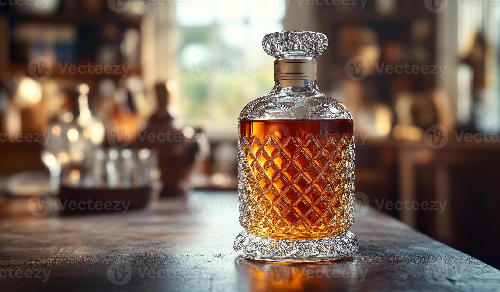 A bottle of liquor sits on a table with a glass next to it. The bottle is clear and has a fancy design on it. The scene is set in a bar or a restaurant, with a window in the background photo