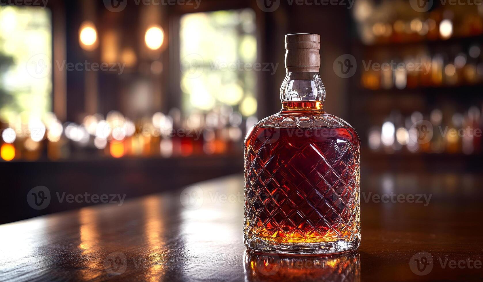 A bottle of liquor sits on a wooden table. The bottle is full and has a cork stopper. The table is surrounded by shelves filled with bottles of liquor. The scene gives off a cozy photo