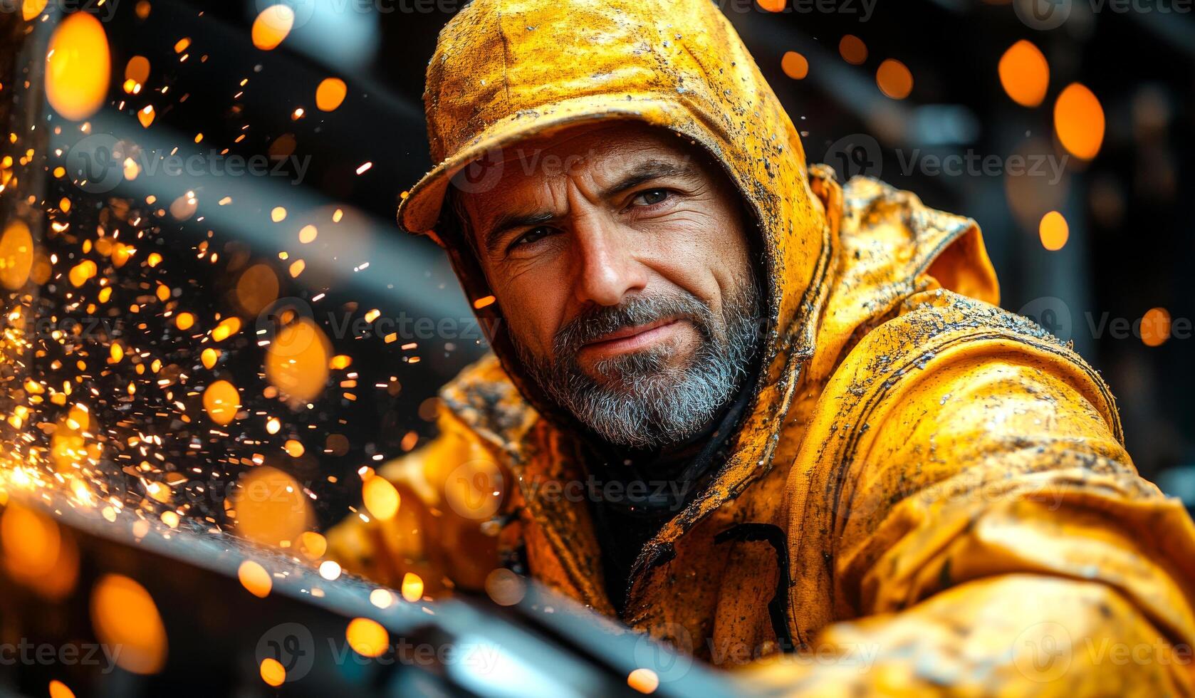 A man in a yellow raincoat is standing in front of a car with sparks flying around him photo