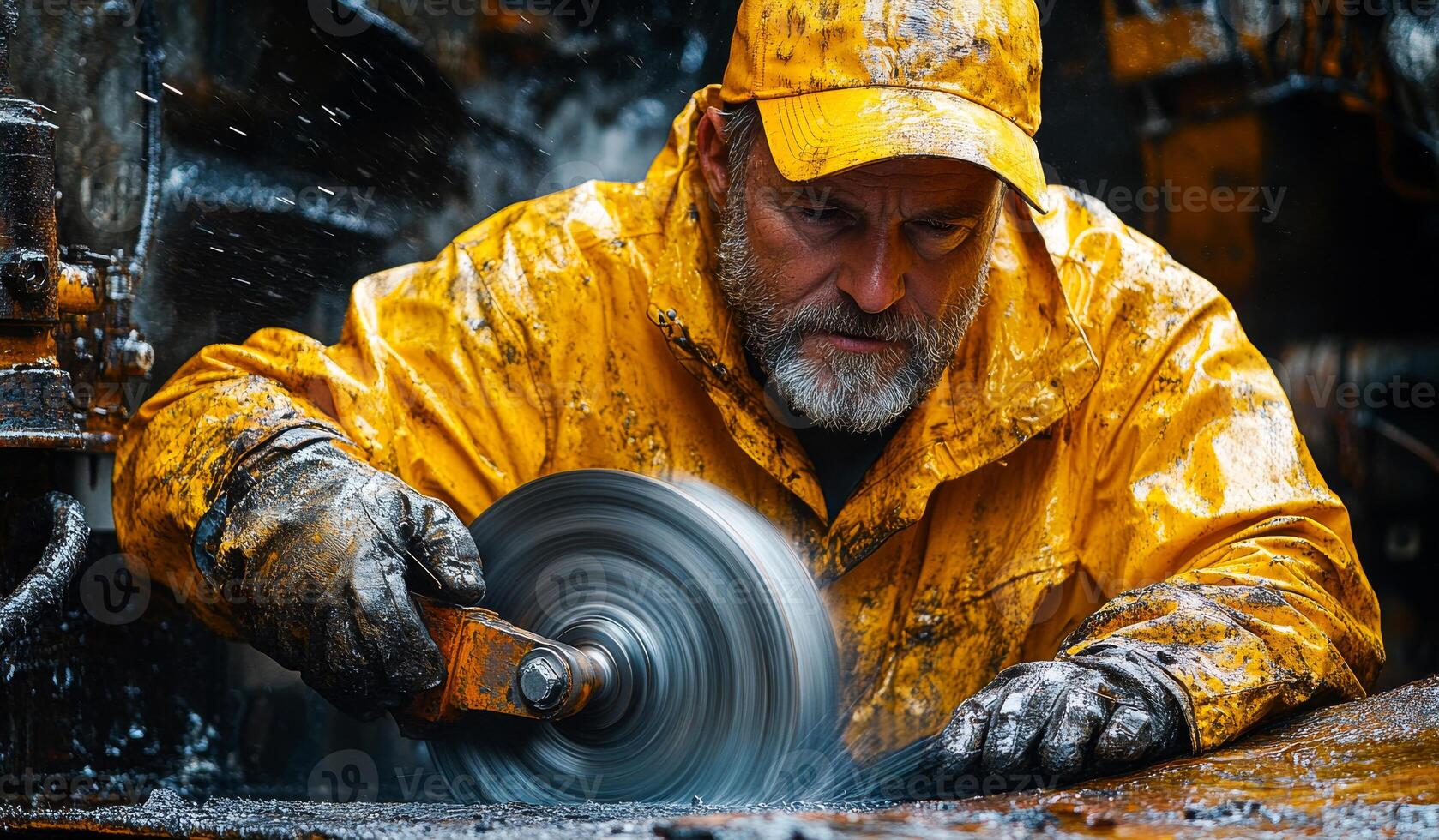 A man in a yellow raincoat is using a circular saw to cut a piece of wood. The man is wearing gloves and a yellow hat. The scene is set in a wet environment photo