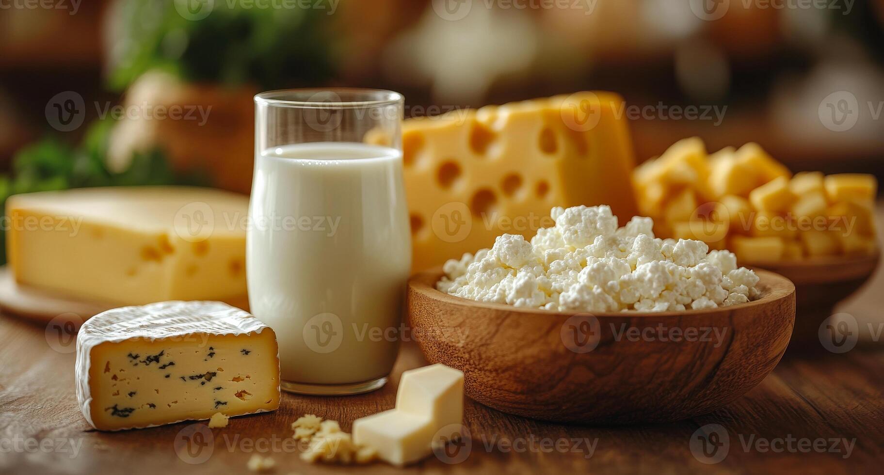 A bowl of cheese and milk is on a wooden table. The bowl is filled with cheese and milk, and there is a glass of milk next to it photo
