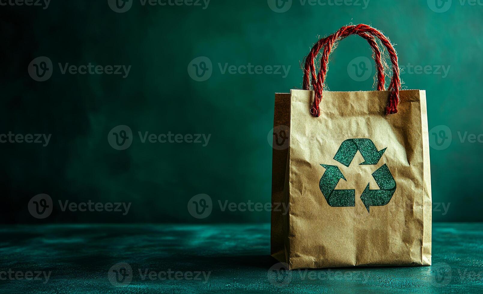 A brown bag with a green recycle symbol on it. The bag is made of paper and has a red handle photo