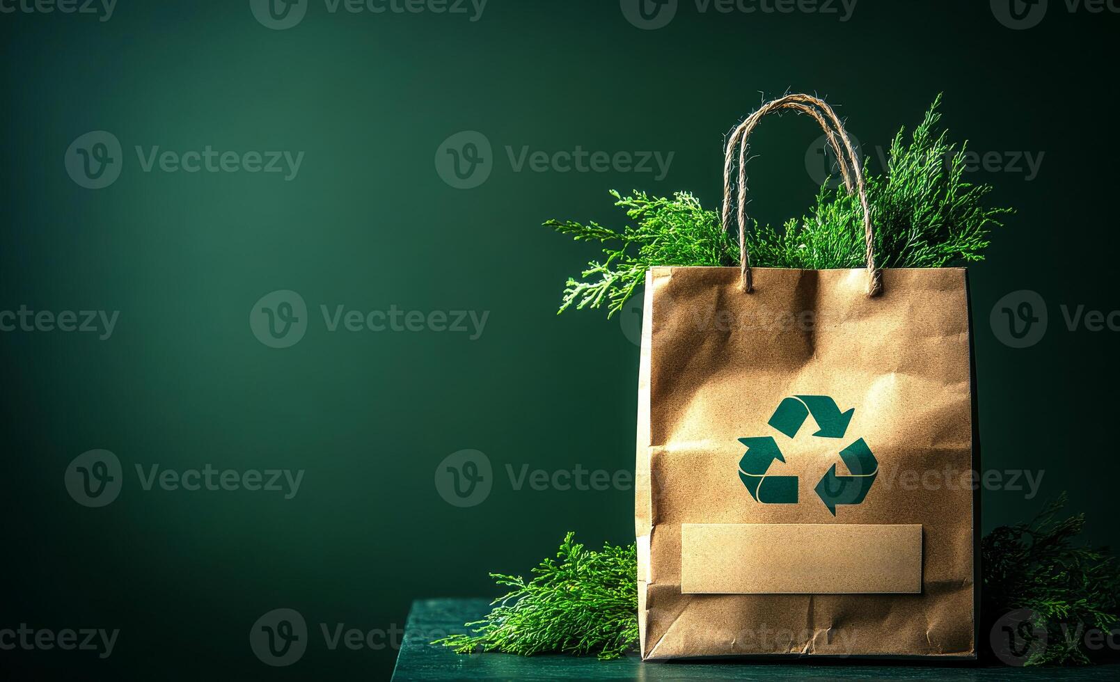 A brown paper bag with a green leaf on it and a recycling symbol. The bag is placed on a table with green leaves surrounding it. Concept of sustainability and the importance of recycling photo