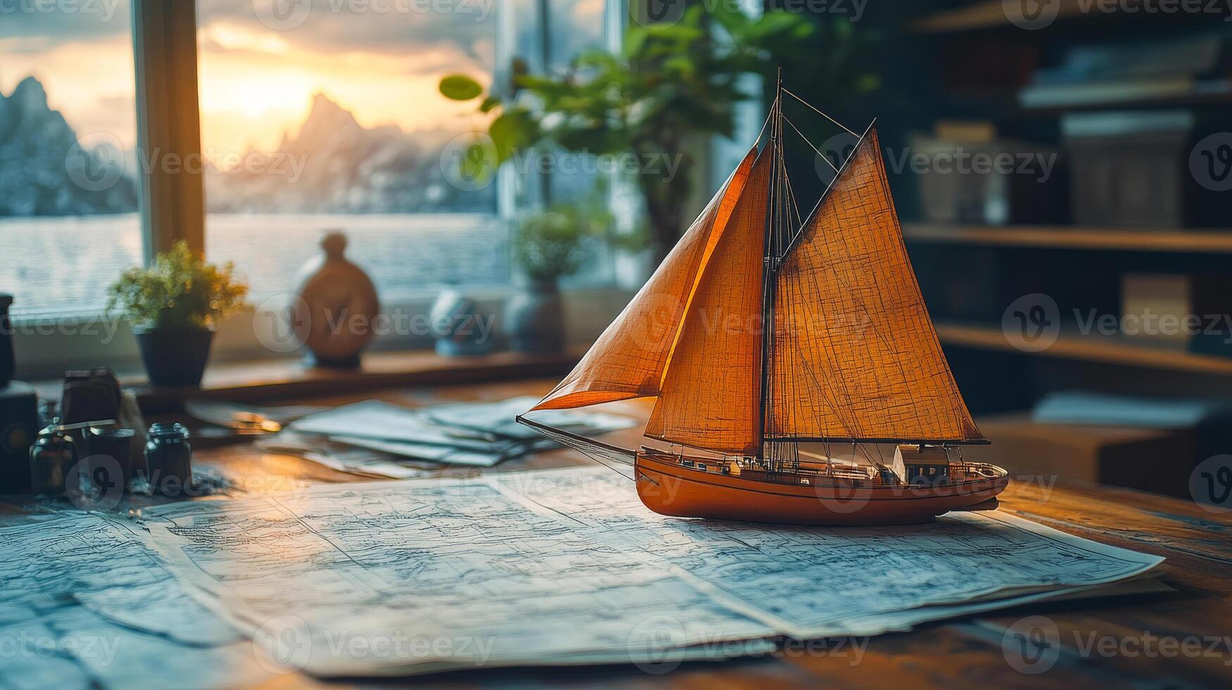 A model sailboat sits on a table next to a map. The scene is peaceful and serene, with the sailboat and map representing a journey or adventure photo