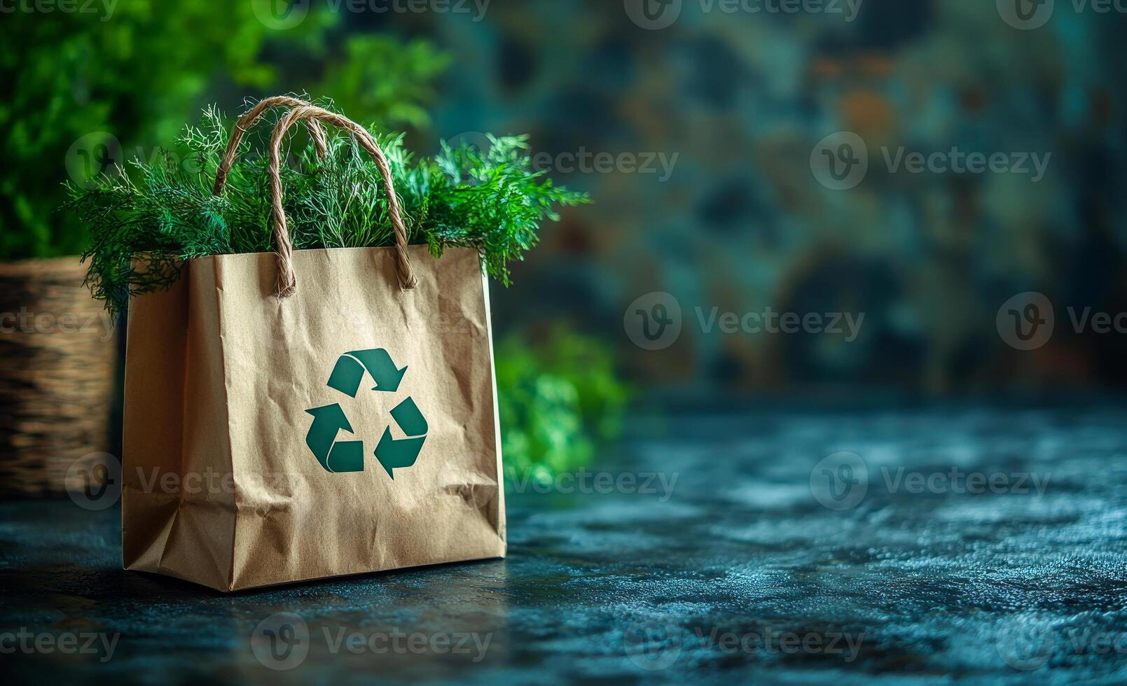 A brown paper bag with a green plant inside and a green recycling symbol on it. The bag is placed on a table photo
