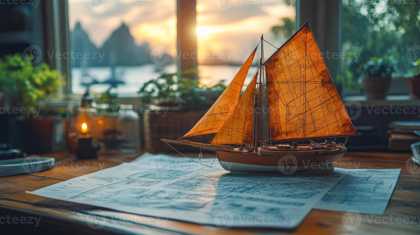 A model sailboat sits on a table next to a map. The scene is peaceful and serene, with the sailboat and the map representing a journey or adventure photo