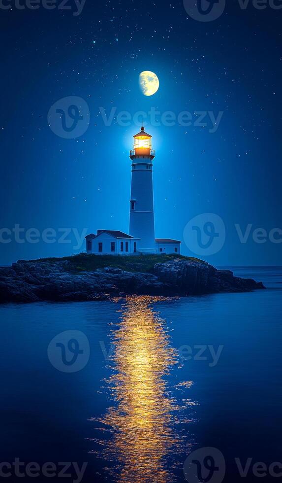 A lighthouse is lit up at night with a full moon in the background. The scene is serene and peaceful, with the lighthouse standing tall on a rocky shoreline photo