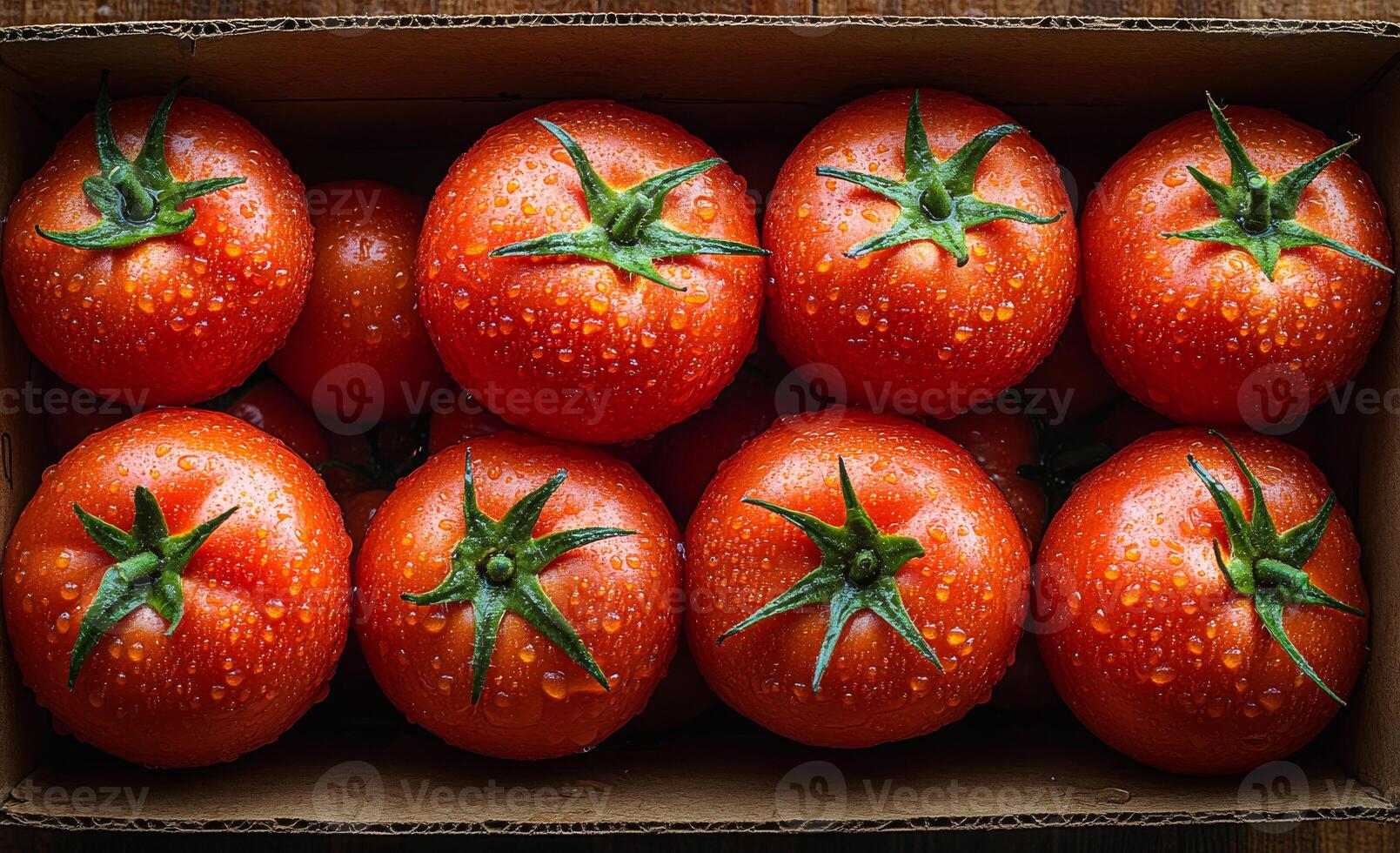 A box of tomatoes with a few drops of water on them. The tomatoes are red and shiny photo
